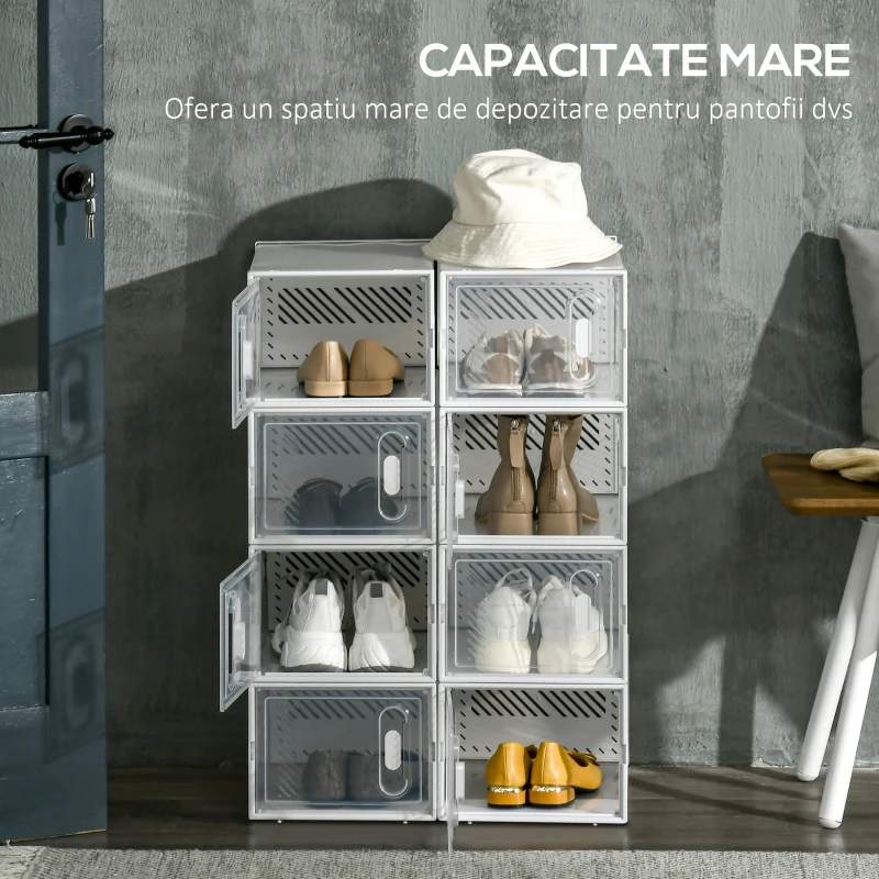 HOMCOM Dulap Modular pentru Pantofi cu 8 Cuburi de Depozitare și Ușă Magnetică, din PP, 25x35x19 cm, Alb și Transparent