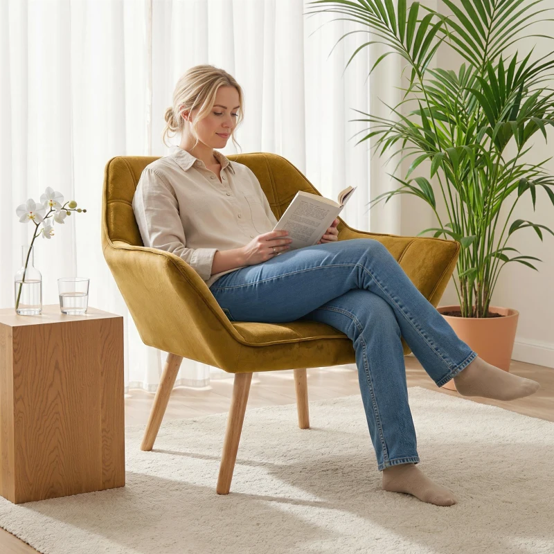 HOMCOM Butaca de Salón Moderna Tapizado en Terciopelo con Patas de Madera para Sala de Estar Amarillo