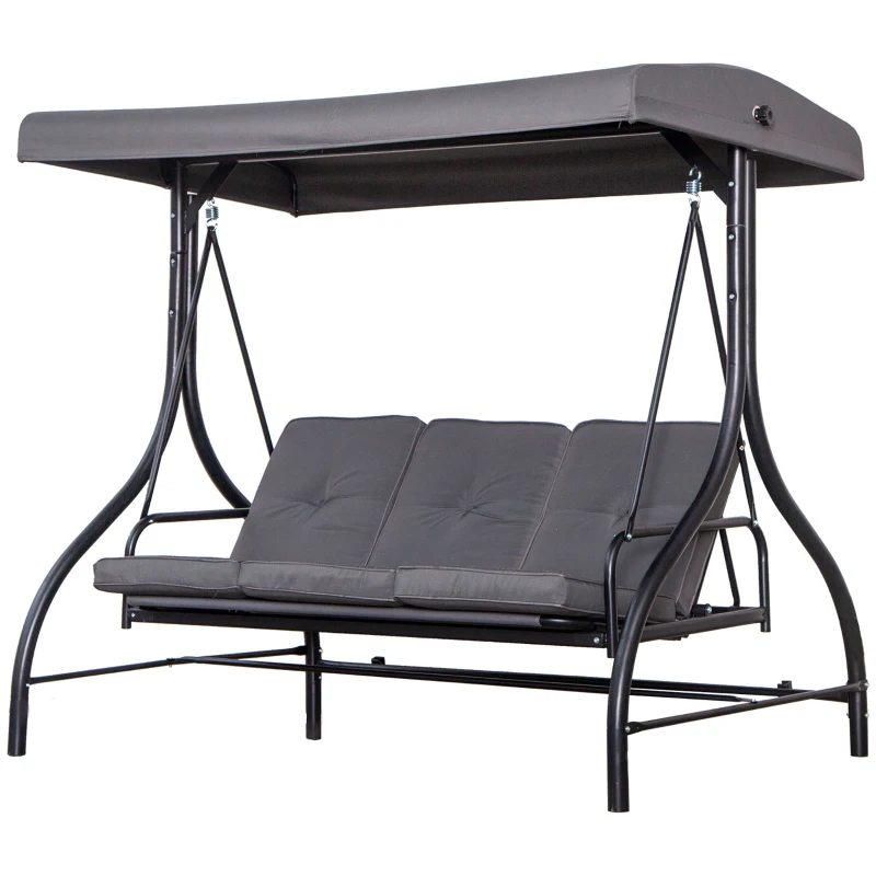 Outsunny Balancelle de Jardin 3 Places Convertible Inclinaison Toit réglable Matelas Grand Confort Rembourrage 8 cm fourni Gris métal époxy Noir