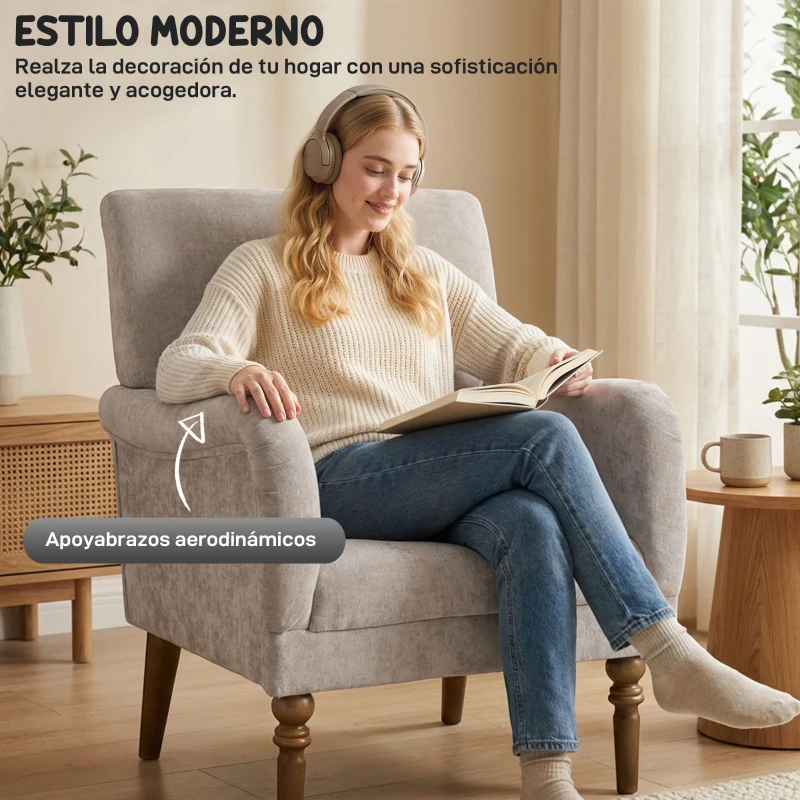 HOMCOM Sofá Individual Tapizado en Lino Reposabrazos Estilizados Patas de Madera Maciza Acolchado Grueso Gris