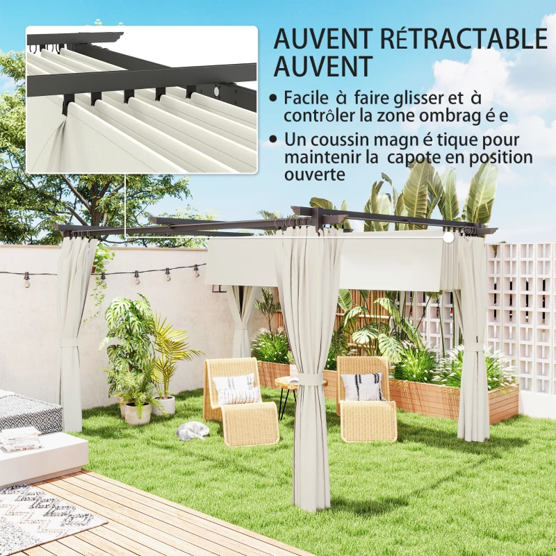 Outsunny Pergola 3 x 3 m avec Auvent Rétractable et Rideaux, Abri de Soleil UPF30+ pour Jardin, Terrasse, Extérieur