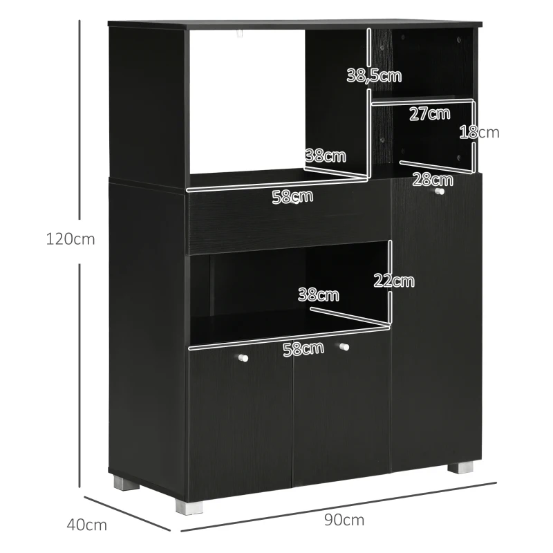 HOMCOM Mueble para Microondas con Cajón Estantes 3 Puertas 3 Compartimientos Diseño Anti-vuelco para Comedor 90x40x120 cm Negro