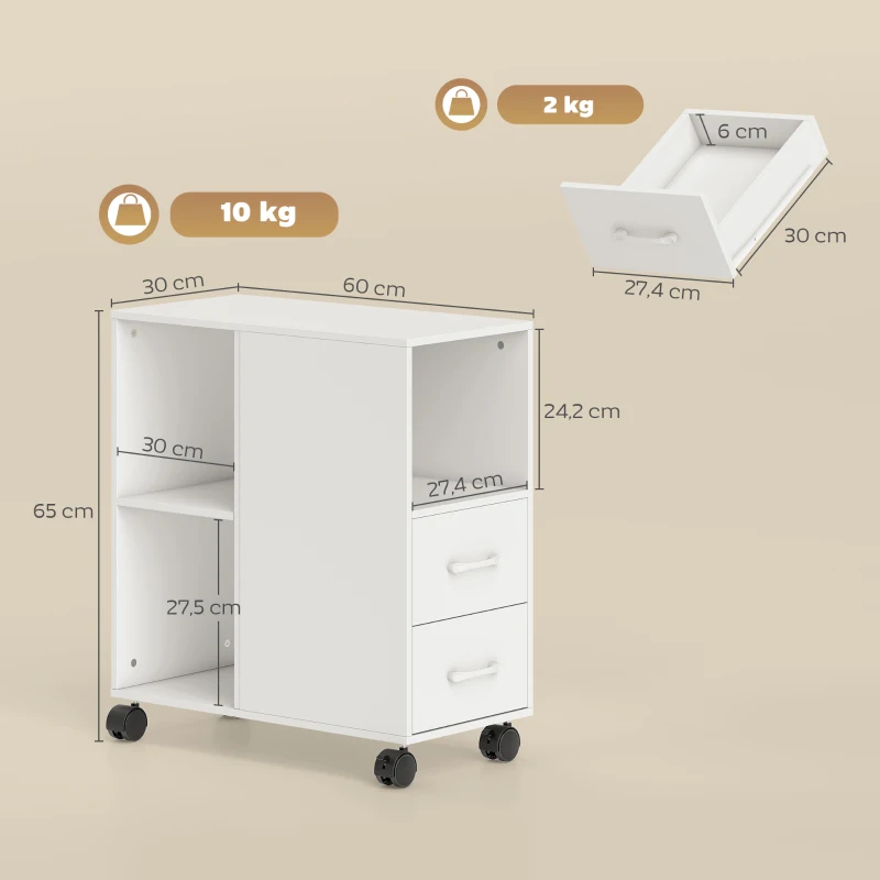 HOMCOM Mueble para Impresora con Ruedas 2 Cajones Estante Ajustable 3 Compartimentos Abiertos para Documentos Tamaño A4 Blanco