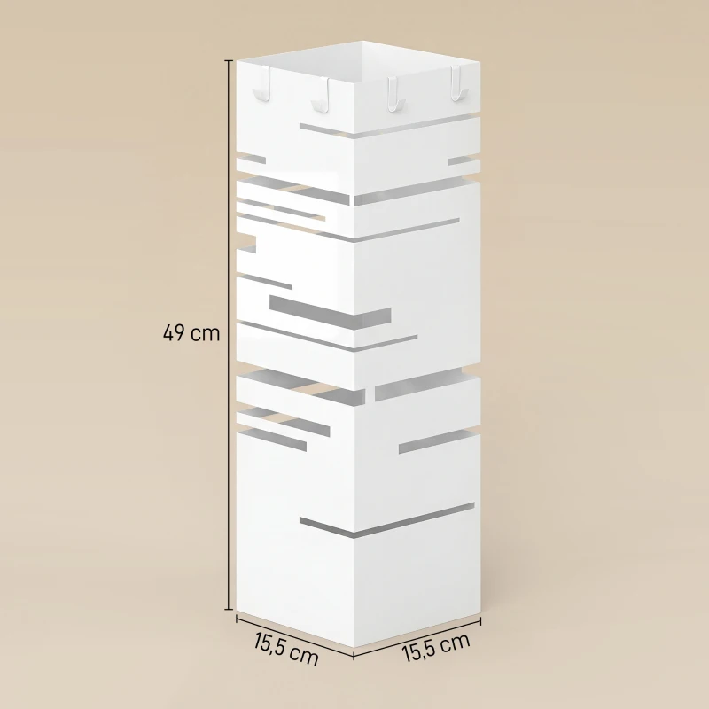 HOMCOM Paragüero Metálico con 4 Ganchos y Bandeja de Goteo Extraíble para Entrada Oficina 15,5x15,5x49 cm Blanco