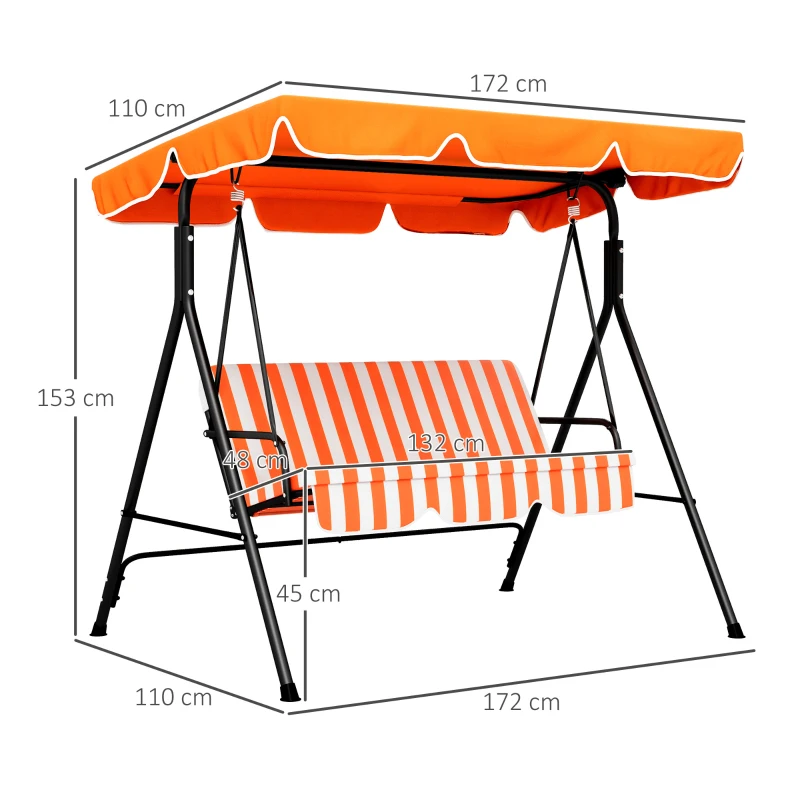 Outsunny Balancín de Jardín Exterior Columpio de 3 Plazas con Toldo Ajustable y Marco de Acero 172x110x153 cm Naranja