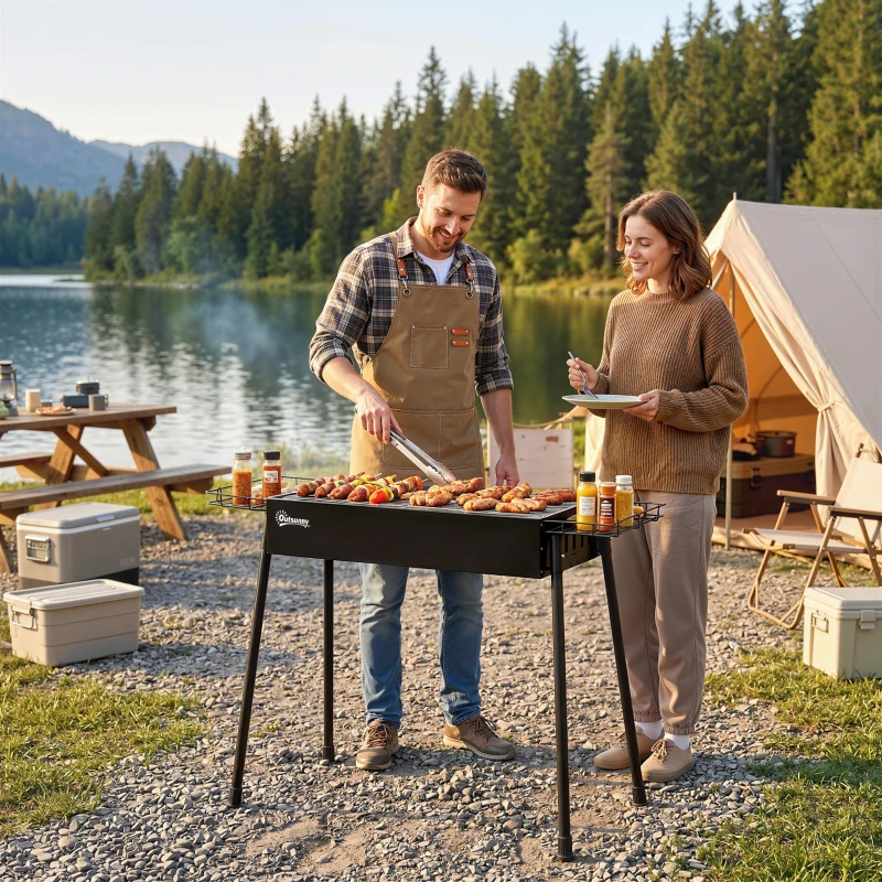 Outsunny Barbacoa de Carbón con 2 Parrillas de Acero Inoxidable Barbacoa Portátil con 2 Especieros para Camping 94x39x70 cm Negro