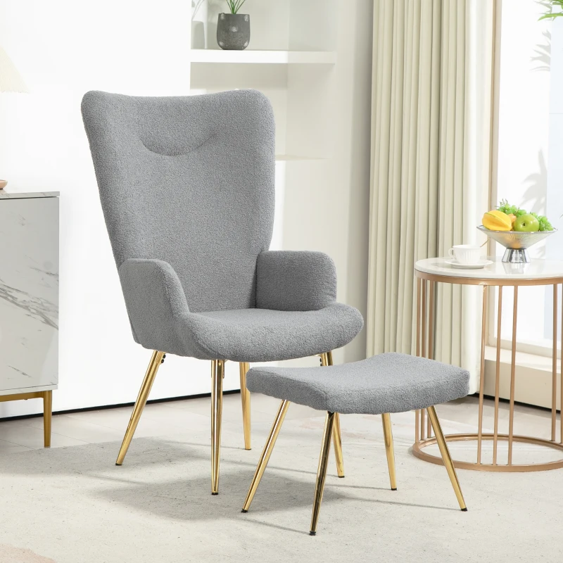 HOMCOM Ensemble fauteuil avec repose-pieds, tissu bouclette gris et pieds en métal doré, dossier haut, grand confort