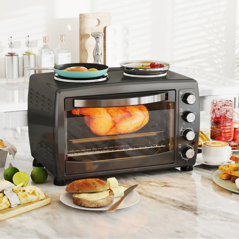 HOMCOM 36L Small Oven with 2 Hot Plates, Countertop Toaster Oven, Grill, Roast, Bake, Boil, with Timer, Adjustable Temperature, Electric Oven with Baking Tray, Grill Rack, Crumb Tray, 2600W, Black