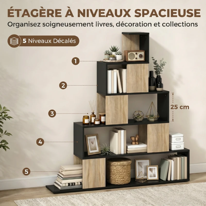 HOMCOM Étagère de rangement, bibliothèque géométrique à 5 niveaux, pour bureau, salon, chambre, noir et bois naturel