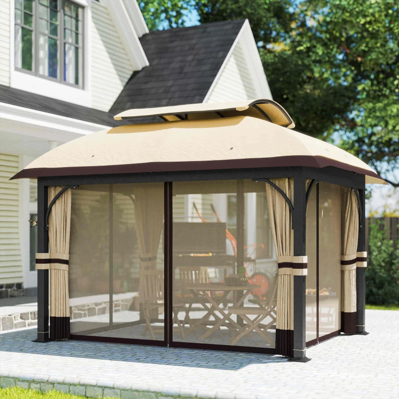 Outsunny Gartenpavillon, 3,3 x 4 m Gartenzelt mit Netz-Vorhängen, zweistufiges Dach, Kunstleder-Bezug, Metallrahmen, Khaki