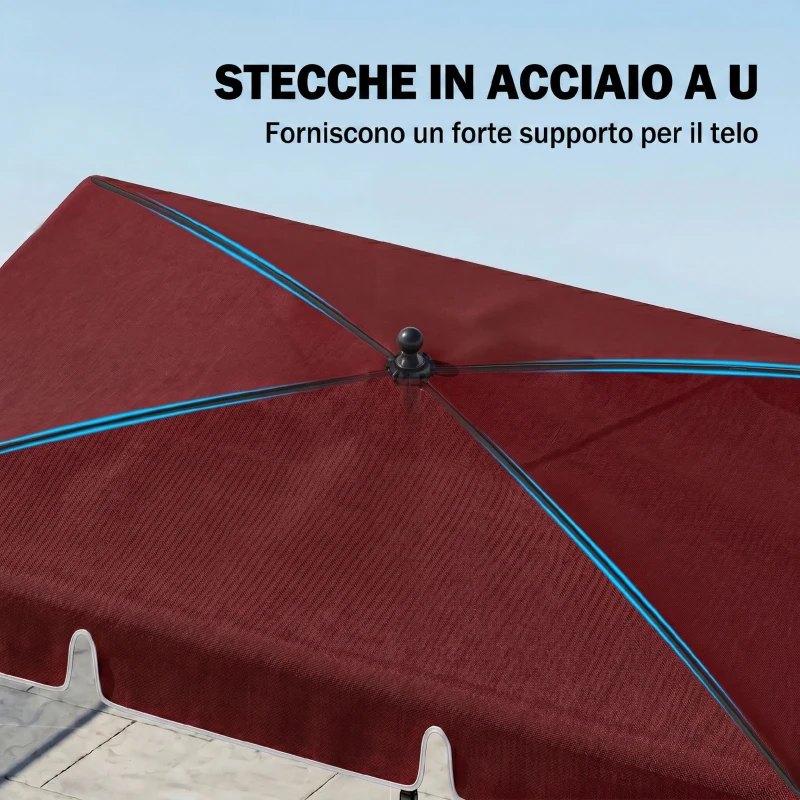 Outsunny Ombrellone da Giardino Rettangolare e Regolabile con Palo in Alluminio, 2x1.3x2.5 m, Rosso Vino