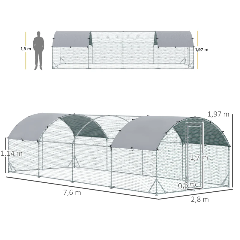 PawHut Gallinero 280x760x197 cm con Cubierta de Tela Oxford Impermeable y Resistente a los Rayos UV para Patio Plata