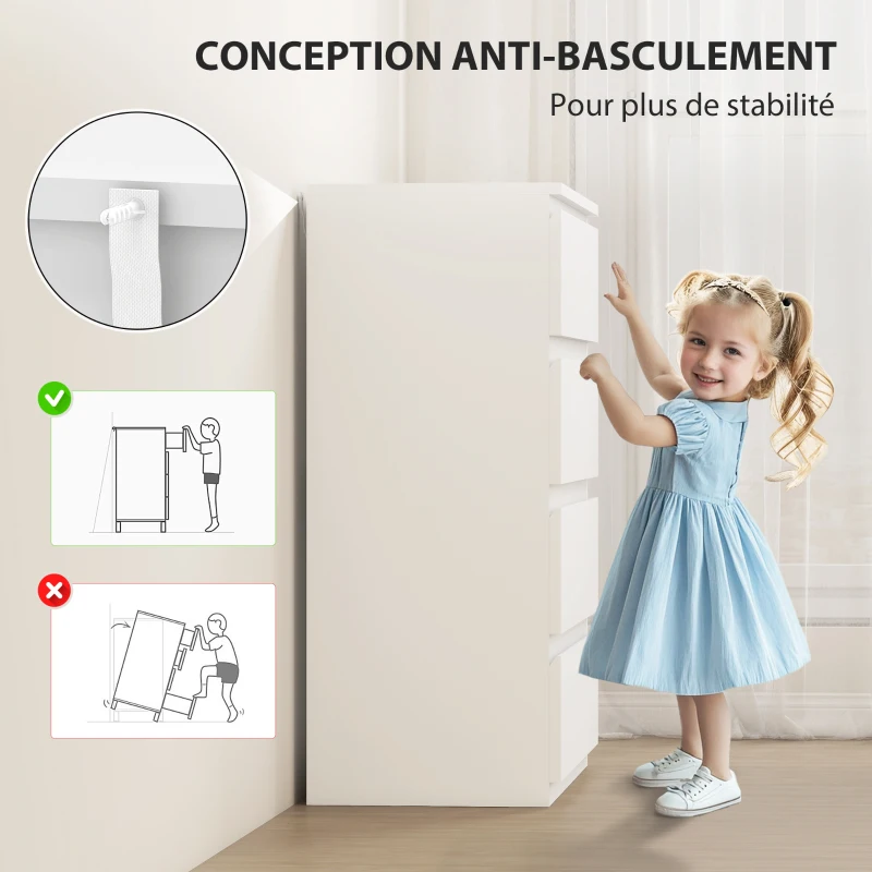 HOMCOM Commode 4 tiroirs, meuble de rangement épuré pour chambre, intérieur, 80 x 39 x 95 cm panneau de particules blanc