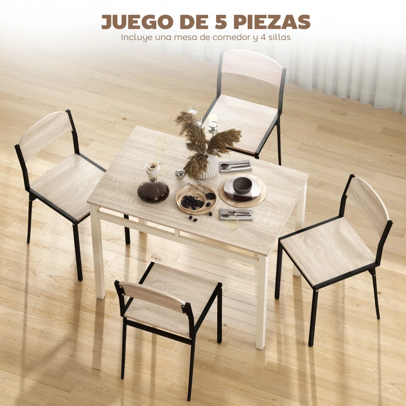 HOMCOM Conjunto de Mesa y 4 Sillas de Comedor para 4 Personas, Estilo Moderno con Estructura Metálica, Roble y Negro