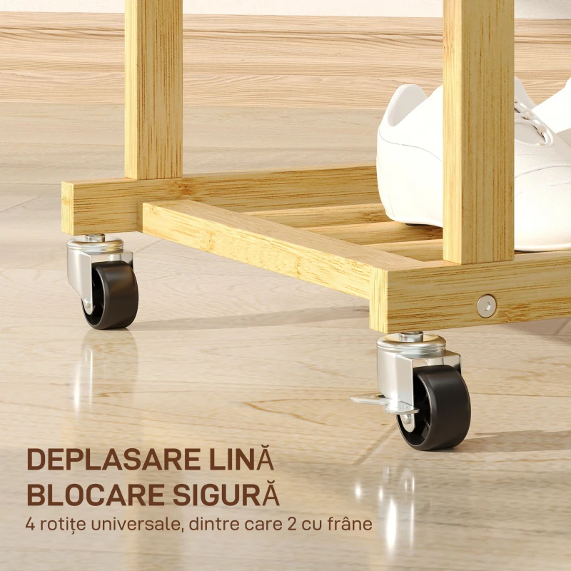 HOMCOM Suport pentru haine cu 2 bare, raft inferior și 4 roți din bambus, 80x40x160 cm, lemn natural