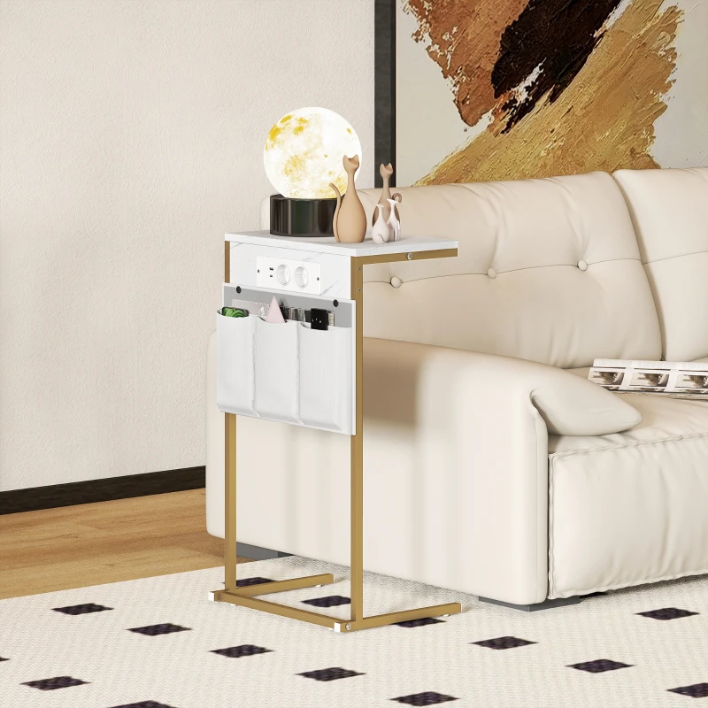 HOMCOM Mesa Auxiliar Estilo Marmolizado con Cargador USB y Espacio de Almacenaje 25,5x40x71 cm Blanco y Dorado