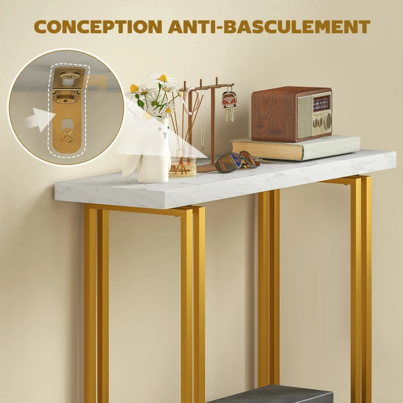 HOMCOM Table console, table d'entrée, avec plateau imitation marbre, structure en acier, 100 x 30 x 78,5 cm, blanc et or