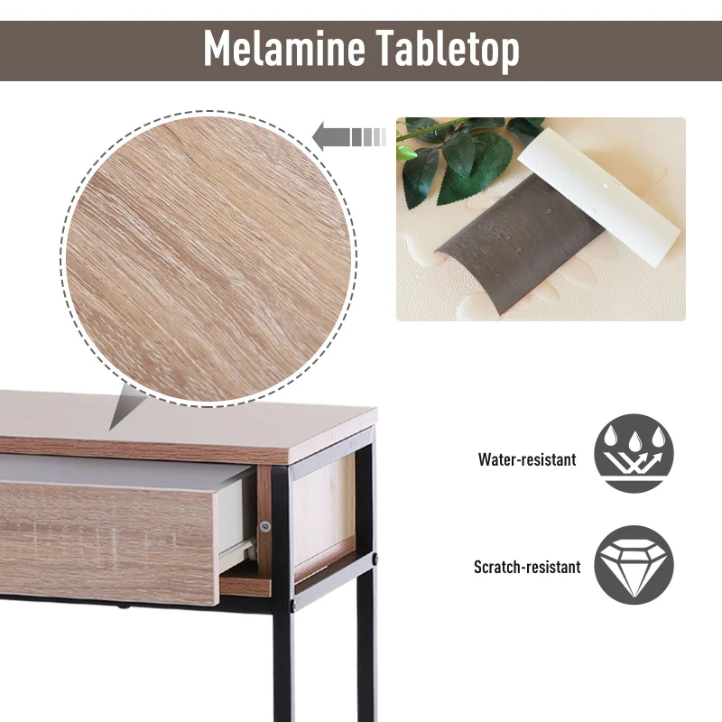 HOMCOM Console Table Worktop Bottom Shelf Home Two Drawer Industrial Minimal Style Oak Wood Tone Effect