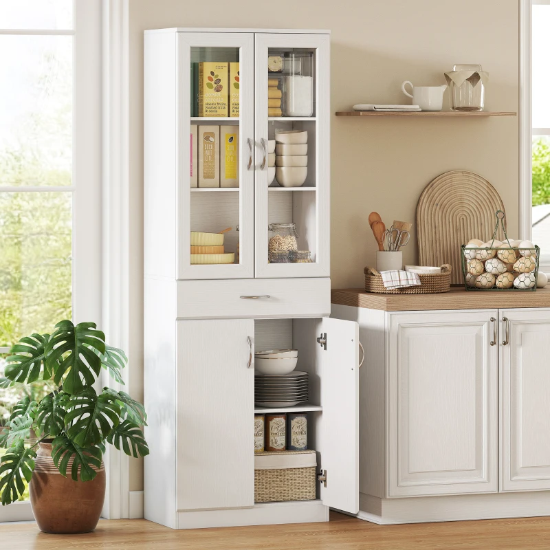 HOMCOM Küchenschrank Buffetschrank mit verstellbar Regal Schublade 2 Schrank Hochschrank mit Glastür 60 x 35 x 180 cm Weiß