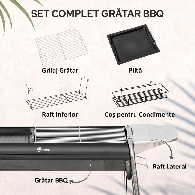 Outsunny Grătar cu Cărbune cu Grilaj și Plită de Gătit, Coș și Rafturi, 107x63x75cm, Negru