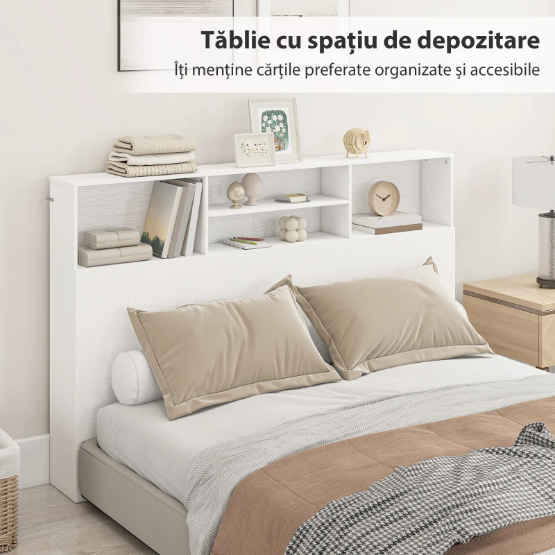 HOMCOM Tăblie de Pat Autoportantă 160 cm cu Compartimente, Tăblie pentru Pat Dublu cu 4 Spații Deschise, 160 x 20,2 x 108,2 cm, Alb