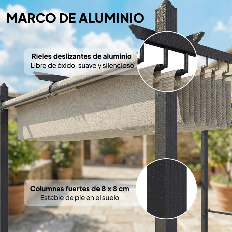 Outsunny Pérgola de Jardín 4x3 m con Cortinas Enrollables Automáticas y Techo Retráctil Cenador de Jardín con UPF50+ Crema