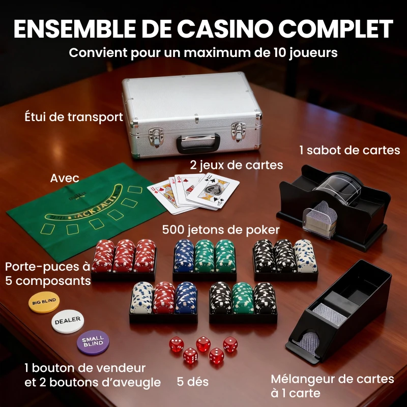 SPORTNOW Mallette de poker coffret de poker complet 500 jetons, boîtier en ABS, cartes à jouer, dés, dealer, tapis, clés