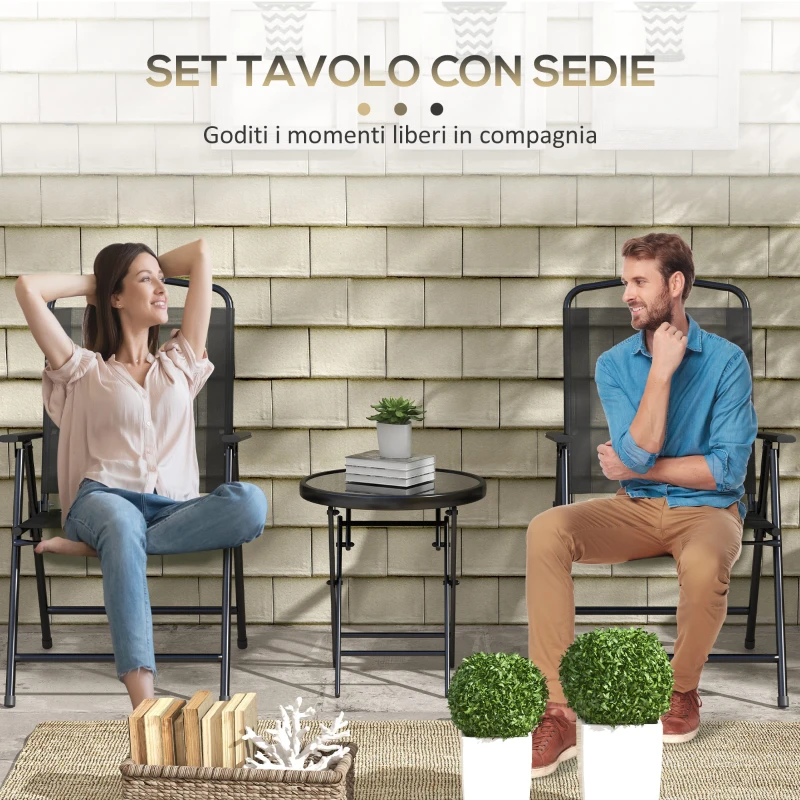 Outsunny Set da Giardino 3 Pezzi con 2 Sedie 53.5x64x93 cm e Tavolino da Caffè Ø45x50 cm, in Metallo, Nero