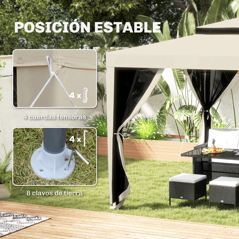 Outsunny Carpa de Jardín 3x3 m Cenador Gazebo con 4 Mosquiteras Laterales Techo Doble 8 Orificios de Drenaje Marco de Metal Beige