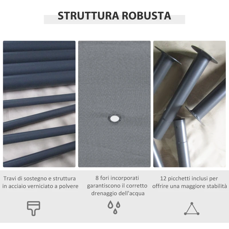 Outsunny Gazebo 3x4 m con 6 Pareti Rimovibili, 8 Fori di Drenaggio e 12 Picchetti, in Acciaio e Poliestere, Grigio e Nero