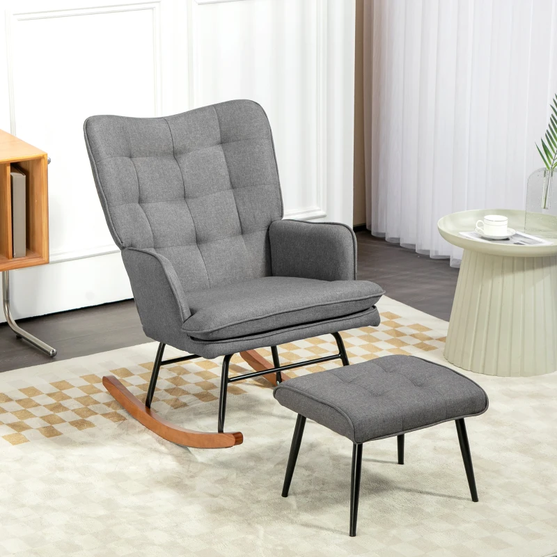 HOMCOM Poltrona de Balanço com Pufe Confortável até 130 kg Aspeto de Linho 64x89x90 cm Cinza Escuro