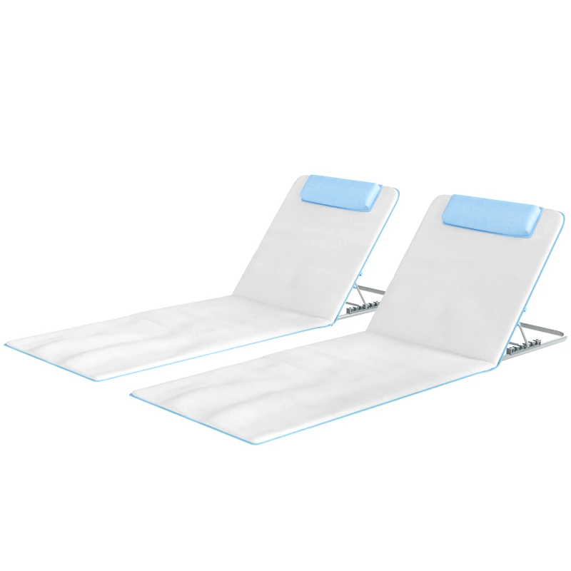 Outsunny Set of 2 Foldable Garden Beach Chair Mat, Lightweight Outdoor Sun Lounger Seats with Adjustable Back, Metal Frame, PE Fabric Head Pillow and Carry Bag, Cream White