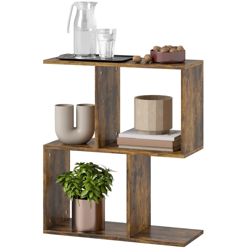 HOMCOM Side Table, Narrow End Table with Storage Shelves, S-Shaped, 3-Tier, 50W x 19.5D x 58H cm, Rustic Brown