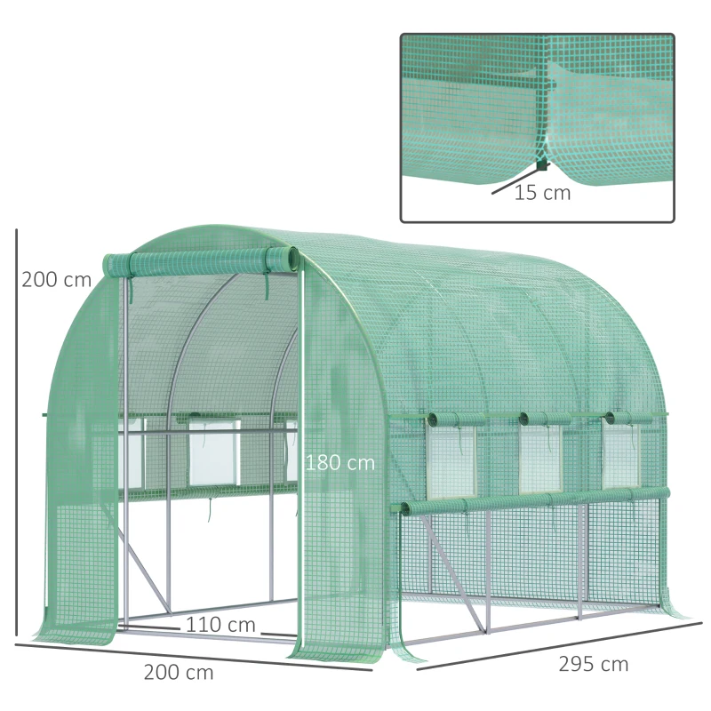Outsunny Estufa de jardim túnel estufa túnel 6 m² com 6 janelas porta enrolável lona PE estrutura em aço galvanizado verde
