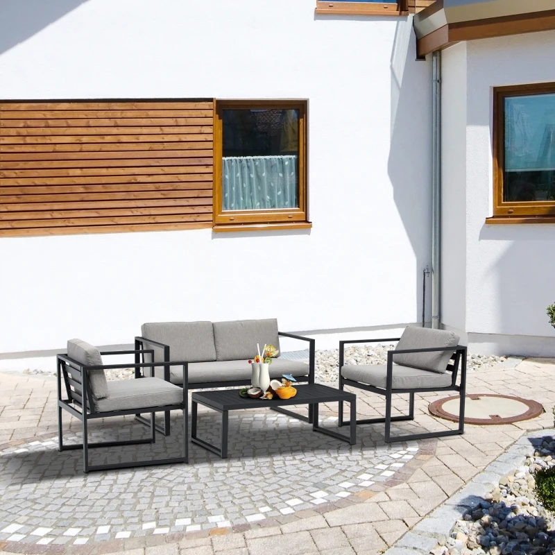 Outsunny Set Mobili da Giardino con Divano 2 Posti, 2 Poltrone e Tavolino in Alluminio con Cuscini, Grigio e Nero