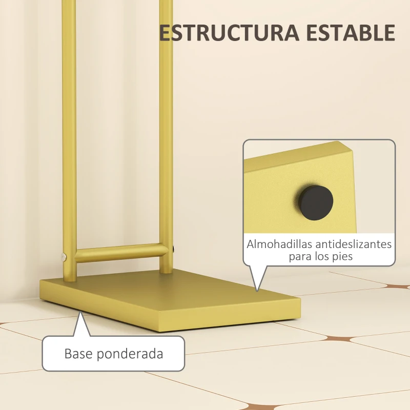 HOMCOM Toallero de Pie con 2 Barras y Marco Metálico Toallero de Baño Moderno en Forma de L 35,5x20x78 cm Dorado