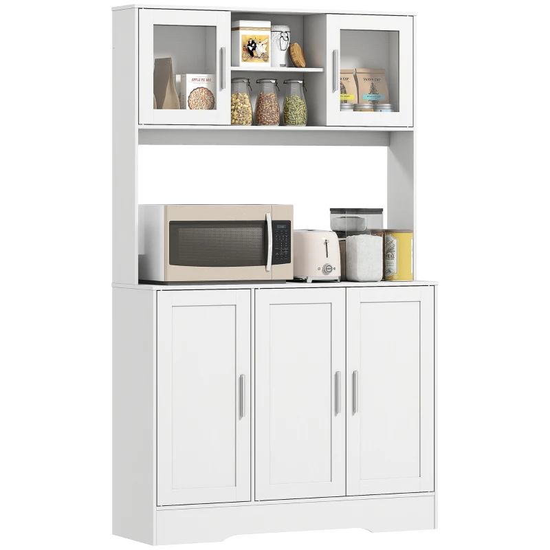 HOMCOM Servantă de Bucătărie înaltă de 180 cm, Dulap Dispensa cu 4 Dulapuri, Uși din Sticlă Securizată, 2 Rafturi Deschise, Rafturi Reglabile, Blat pentru Cuptorul cu Microunde, pentru Sala de Prânz sau Living, Alb