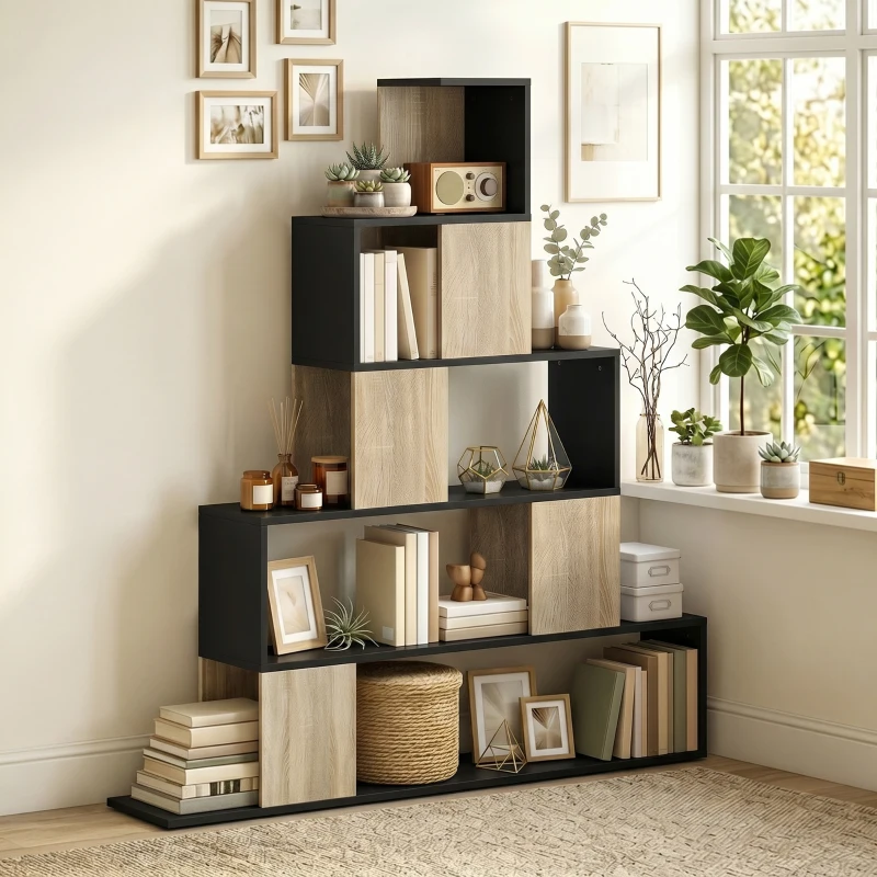 HOMCOM Étagère de rangement, bibliothèque géométrique à 5 niveaux, pour bureau, salon, chambre, noir et bois naturel