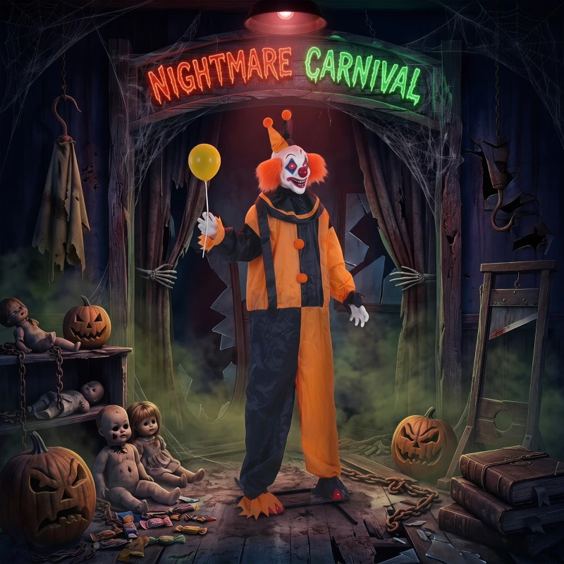 HOMCOM 190cm Life Size Animated Clown Halloween Decoration, Scary Halloween Animatronics Decor with Sound Touch Activated
