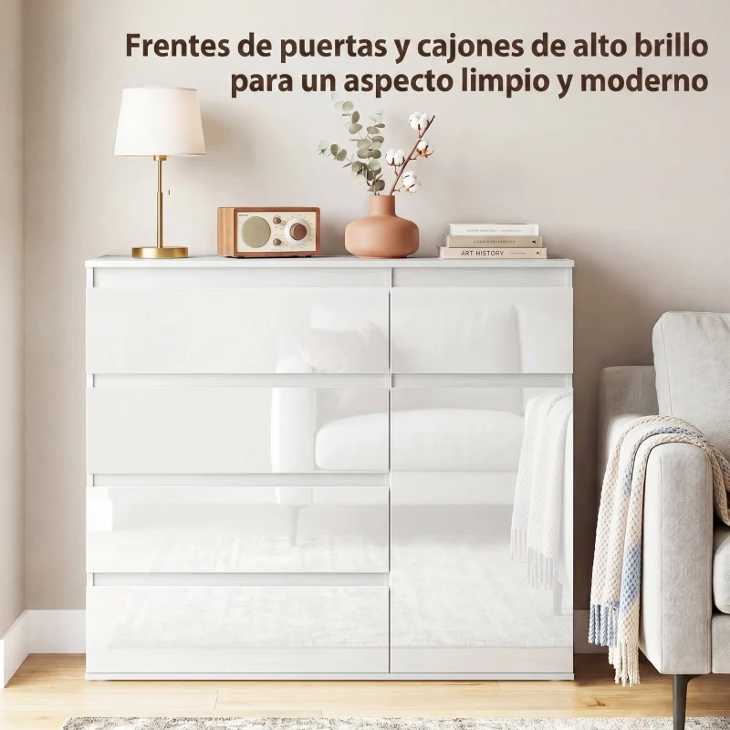 HOMCOM Aparador de Salón con 5 Cajones Estantes Ajustables Puerta de Cierre Suave 100x40x80 cm Blanco Brillo