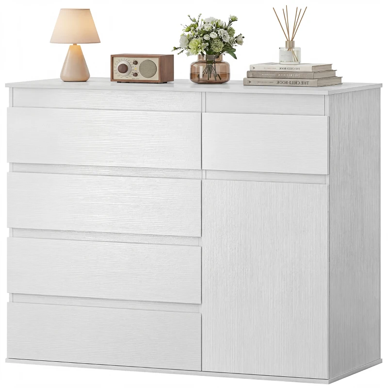 HOMCOM Modern Chest Of Drawers, 5 Drawer Dresser with Adjustable Shelf, Soft-Close Door, White