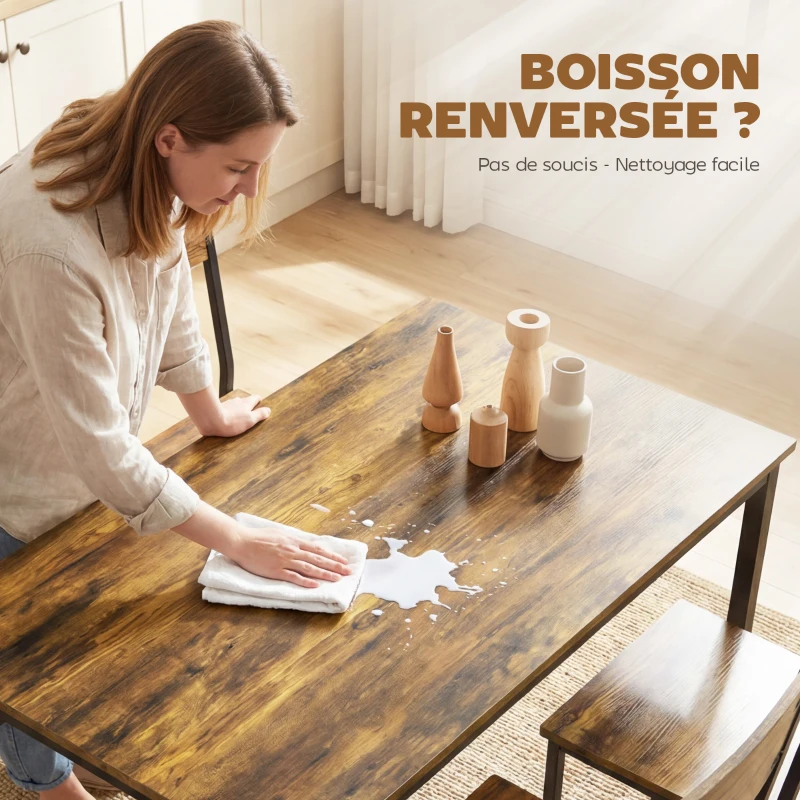 HOMCOM Ensemble table salle à manger avec 4 chaises, table de cuisine avec chaises 4 personnes, pieds en métal, brun rustique