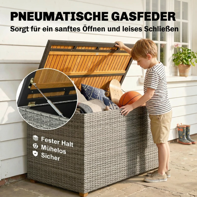 Outsunny Gartenbox 450 L Polyrattan wasserdicht Auflagenbox mit FSC-Holz-Deckel Gasdruckfedern Innenfutter