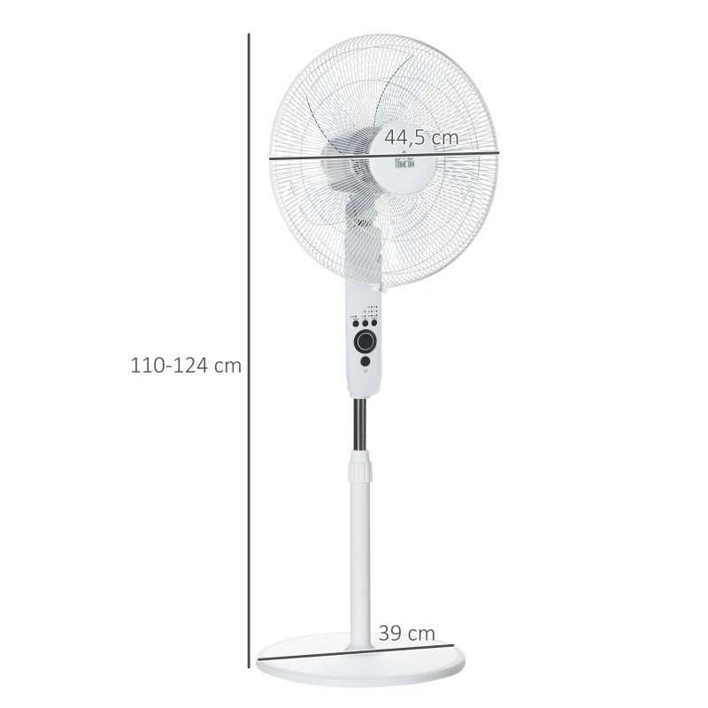 HOMCOM Standventilator Lüfter Fernbedienung Höhenverstellbar 3 Geschwindigkeitsstufen Metall, Weiß, Ø44,5 x H110-124 cm