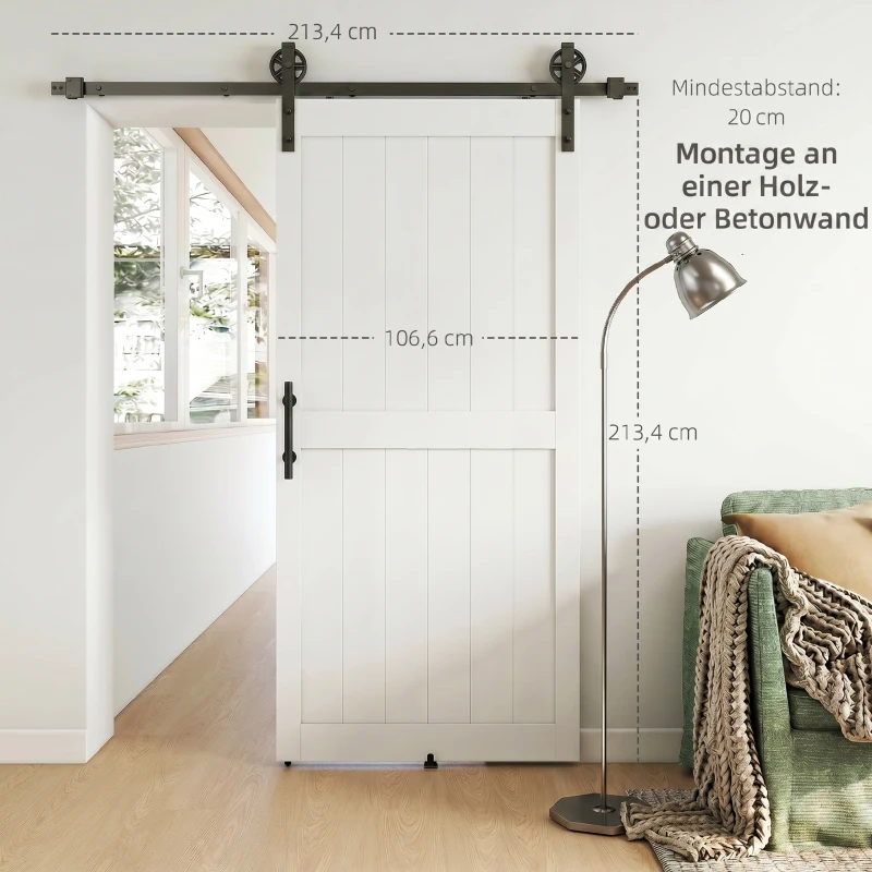 HOMCOM Porta Scorrevole in Stile Country con Binario e Maniglia in Legno e Acciaio, 106.6x213.4 cm, Bianco e Nero