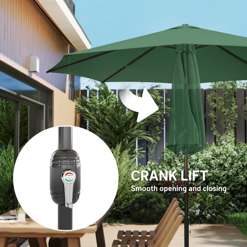Outsunny 2.7 m Garden Parasol Umbrella with Cross Base and Sandbag, Retractable Ribs, Outdoor Table Market Umbrella, Green