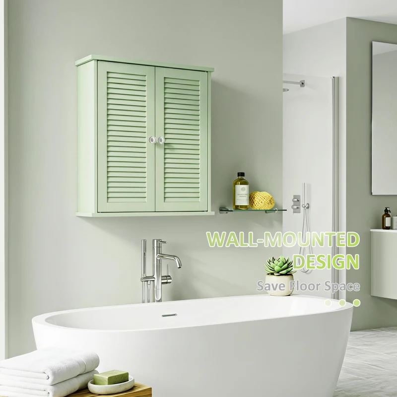HOMCOM Bathroom Cabinet, Bathroom Wall Cabinet with Louvered Doors and Adjustable Shelf Storage for Kitchen, Light Green
