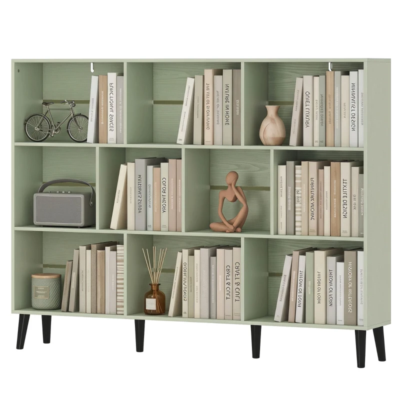 HOMCOM 10-Cube Bookcase, 3-Tier Book Shelf with Solid Wood Legs, 140 cm Modern Bookshelf with Anti-Tip Kit, Light Green