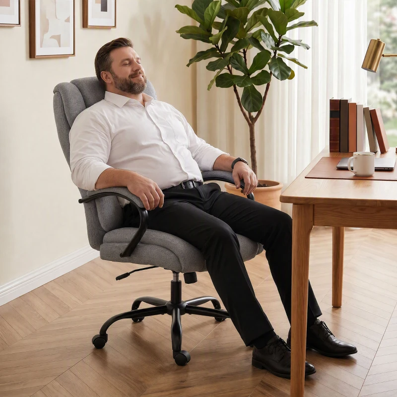 Vinsetto Cadeira de escritório, Cadeira executiva ergonômica até 220 kg, Cadeira acolchoada com apoio de braços, assento largo, cadeira giratória regulável com função de balanço, aparência linho, Cinza claro