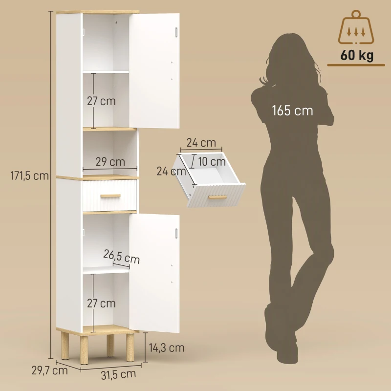 HOMCOM Armadietto 172 cm, Mobile Bagno con Cassetto e Ripiani Regolabili, Bianco